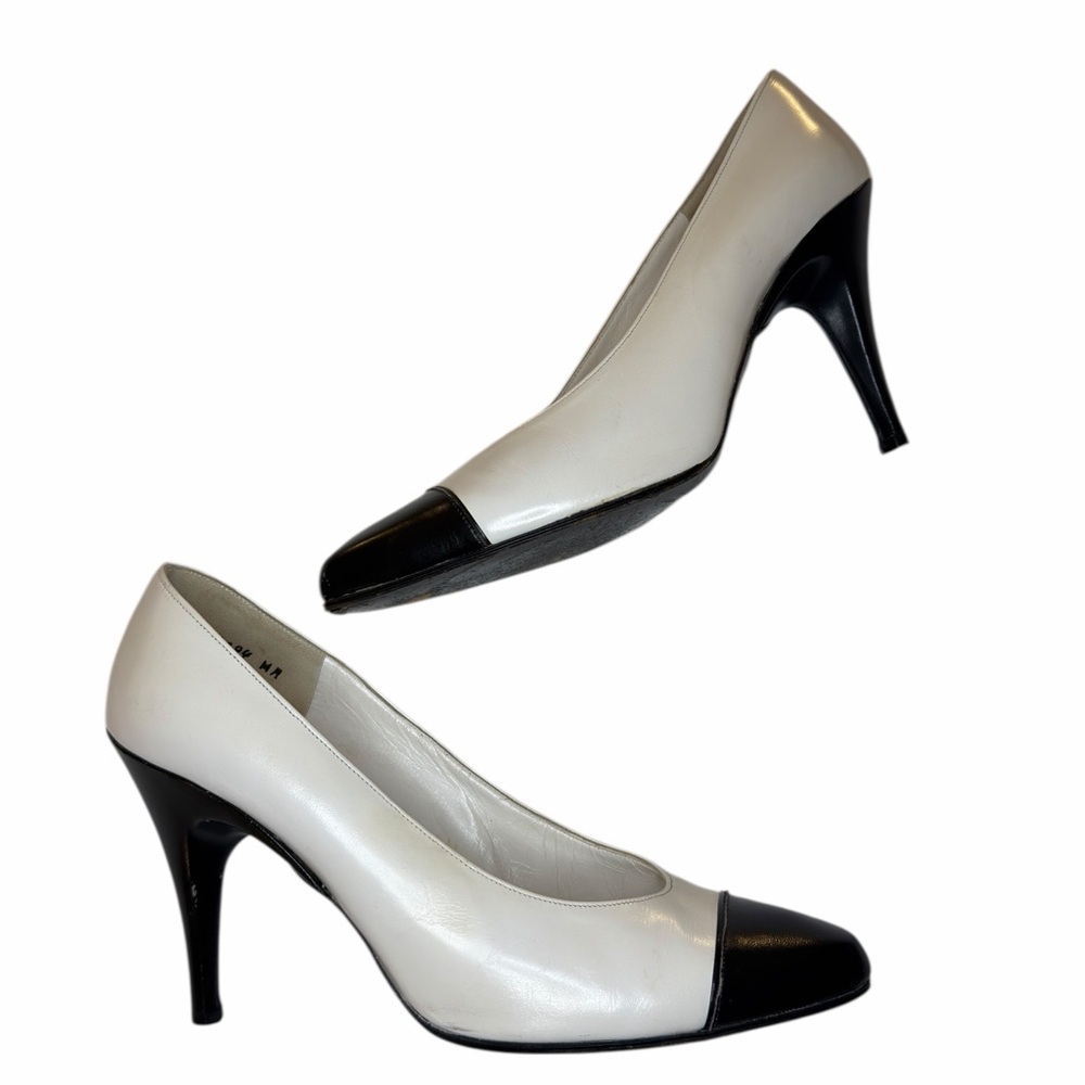RARE Vintage Christian Dior Designer Cap Toe Pumps Ivory Black Leather Heels - Picture 10 of 16